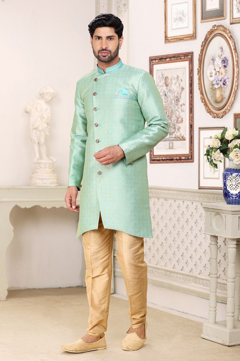 Light Cyan Color Wedding Wear Banarasi Jacquard Fabric Designer Readymade Indo Western For Men