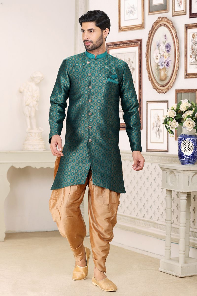 Wedding Wear Banarasi Jacquard Fabric Designer Readymade Indo Western For Men In Teal Color