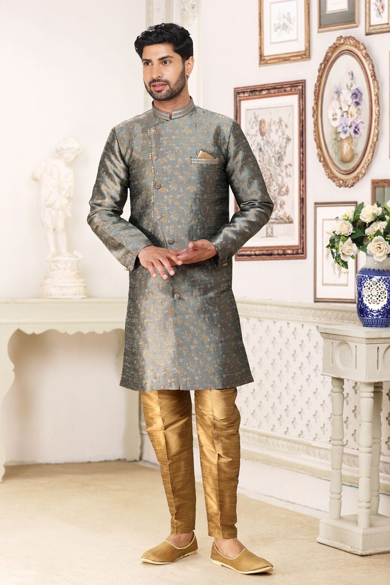 Banarasi Jacquard Fabric Designer Wedding Wear Readymade Indo Western For Men In Grey Color