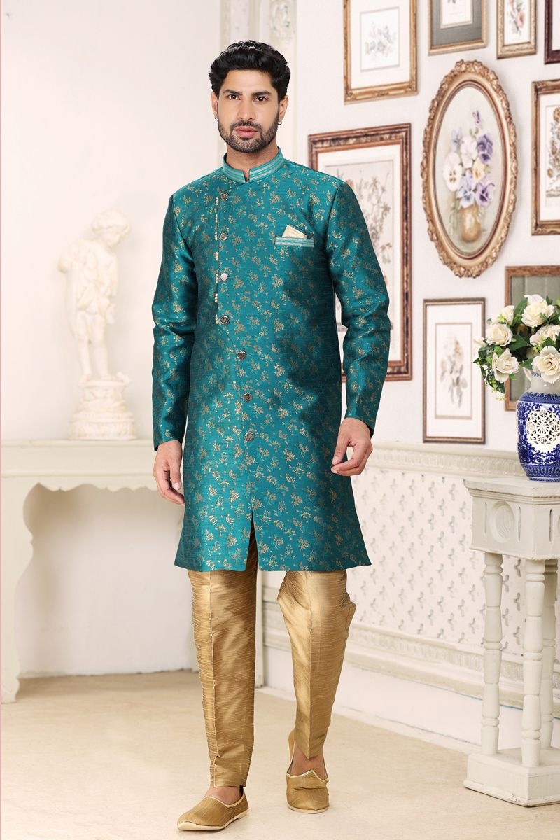 Teal Color Banarasi Jacquard Fabric Wedding Wear Readymade Indo Western For Men