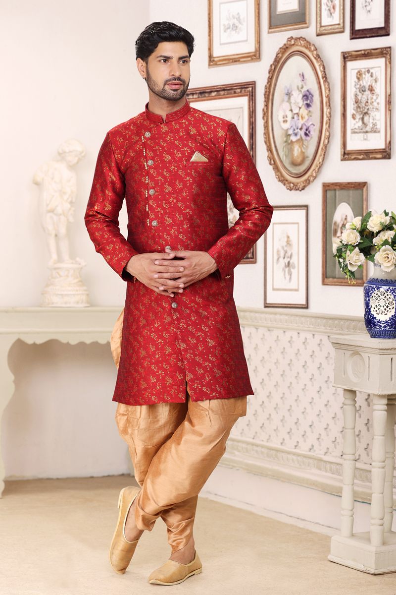 Banarasi Jacquard Fabric Maroon Color Wedding Wear Readymade Men Stylish Indo Western