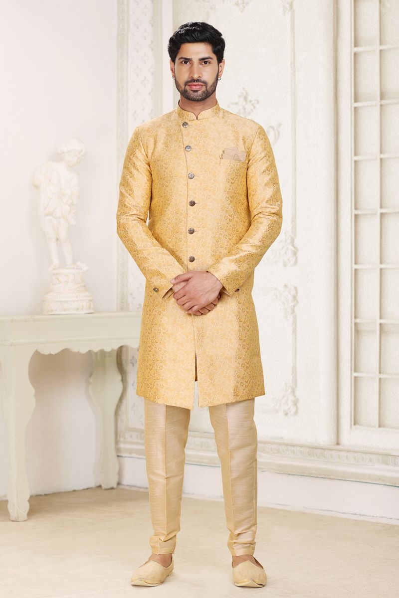 Beige Banarasi Jacquard Fabric Wedding Wear Trendy Readymade Indo Western For Men