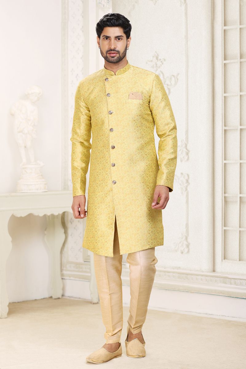 Banarasi Jacquard Yellow Color Wedding Wear Readymade Designer Men Indo Western