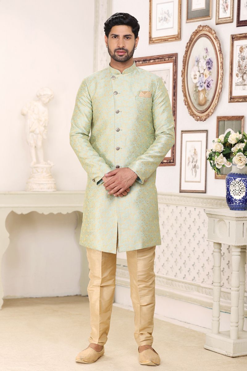 Sea Green Gorgeous Banarasi Jacquard Fabric Wedding Wear Readymade Indo Western For Men