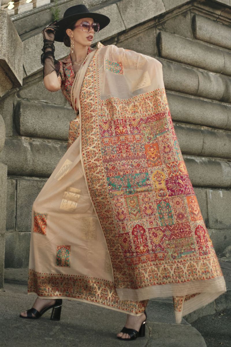 Kashmiri Modal Handloom Weaving Silk Saree In Beige Color With Kashmiri Blouse