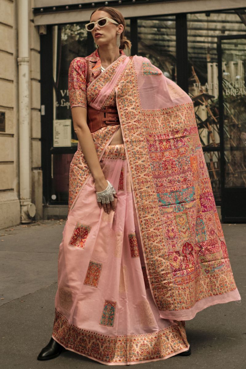 Pink Color Graceful Kashmiri Modal Handloom Weaving Silk Saree With Kashmiri Blouse