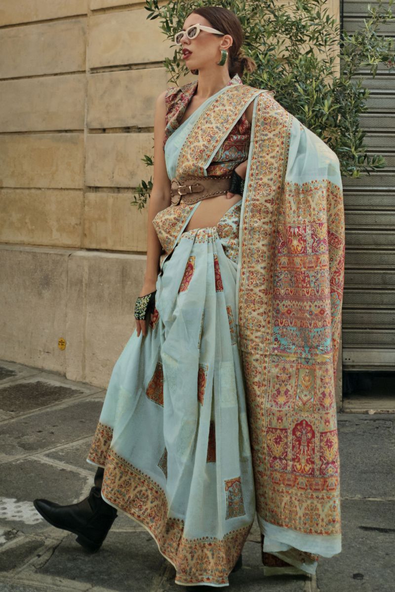 Light Cyan Color Gorgeous Kashmiri Modal Handloom Weaving Silk Saree With Kashmiri Blouse