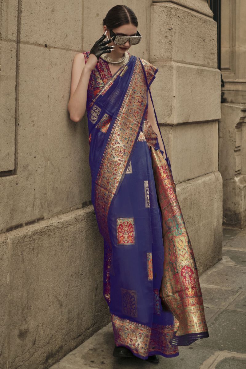 Blue Color Pleasant Kashmiri Modal Handloom Weaving Silk Saree With Kashmiri Blouse