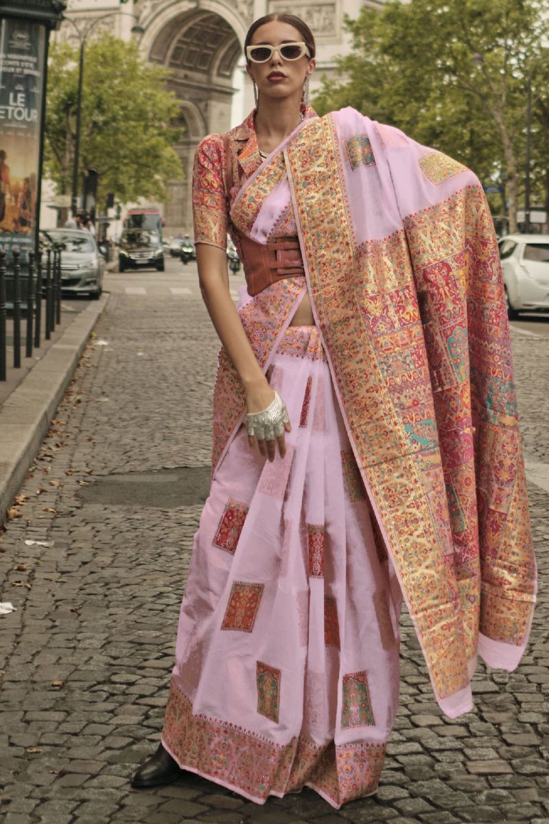 Pink Color Brilliant Kashmiri Modal Handloom Weaving Silk Saree With Kashmiri Blouse