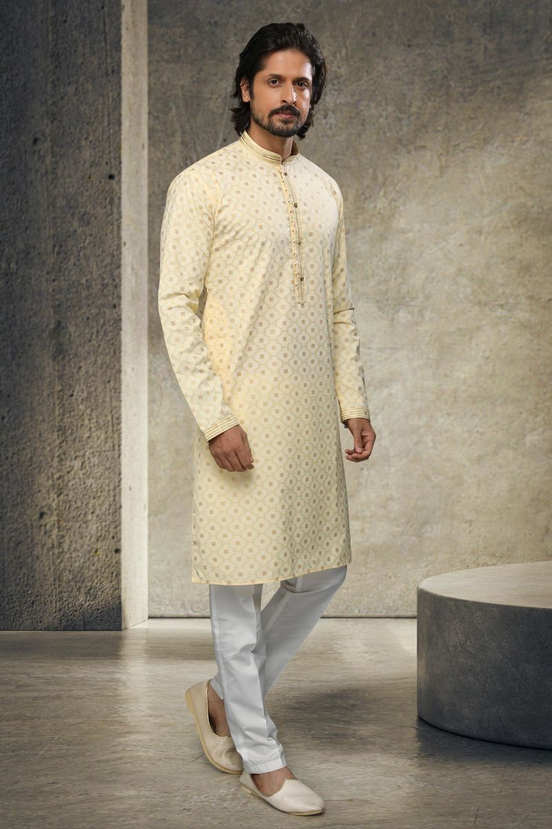 Printed Yellow Gorgeous Cotton Wedding Wear Readymade Kurta Pyjama For Men