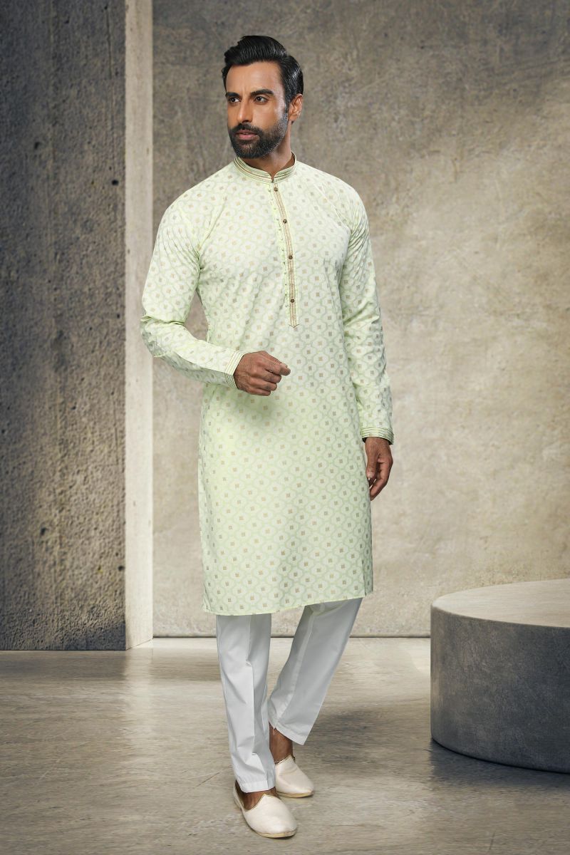 Cotton Lovely Sea Green Festive Wear Printed Readymade Kurta Pyjama For Men