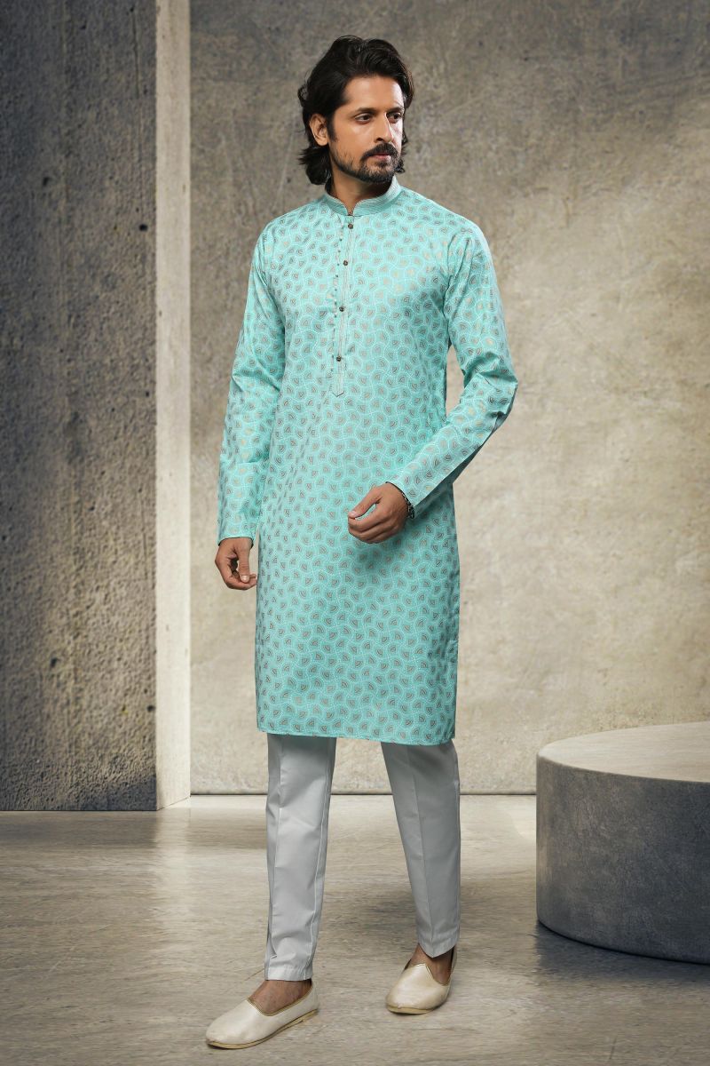 Printed Cyan Sangeet Wear Pretty Readymade Kurta Pyjama For Men In Cotton 