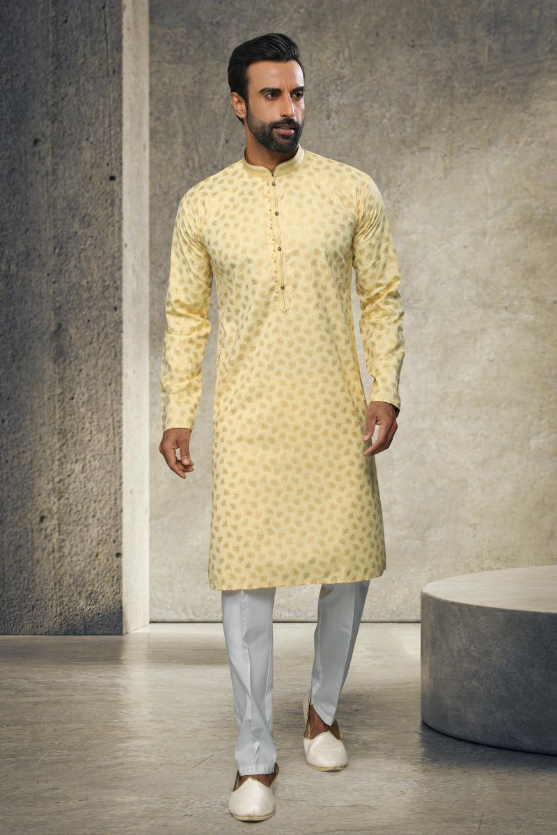 Printed Cotton Wedding Wear Readymade Kurta Pyjama For Men In Yellow 