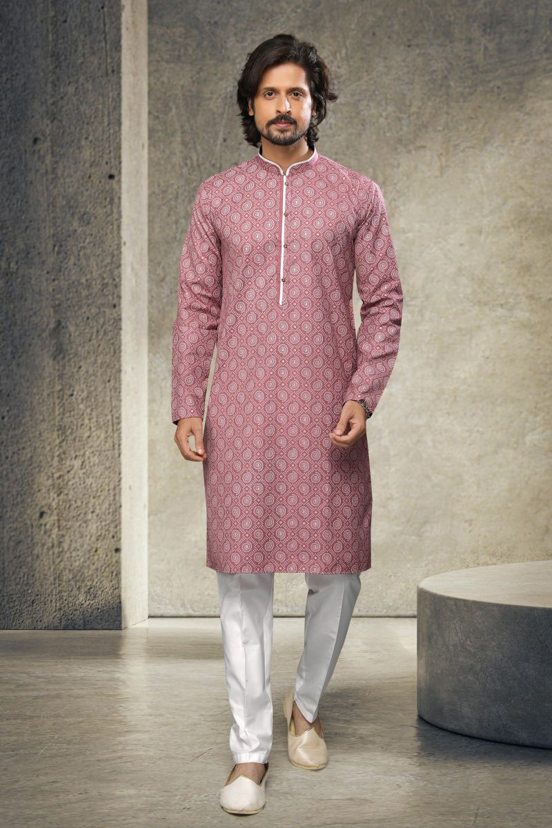 Pink Cotton Printed Sangeet Wear Trendy Readymade Kurta Pyjama For Men