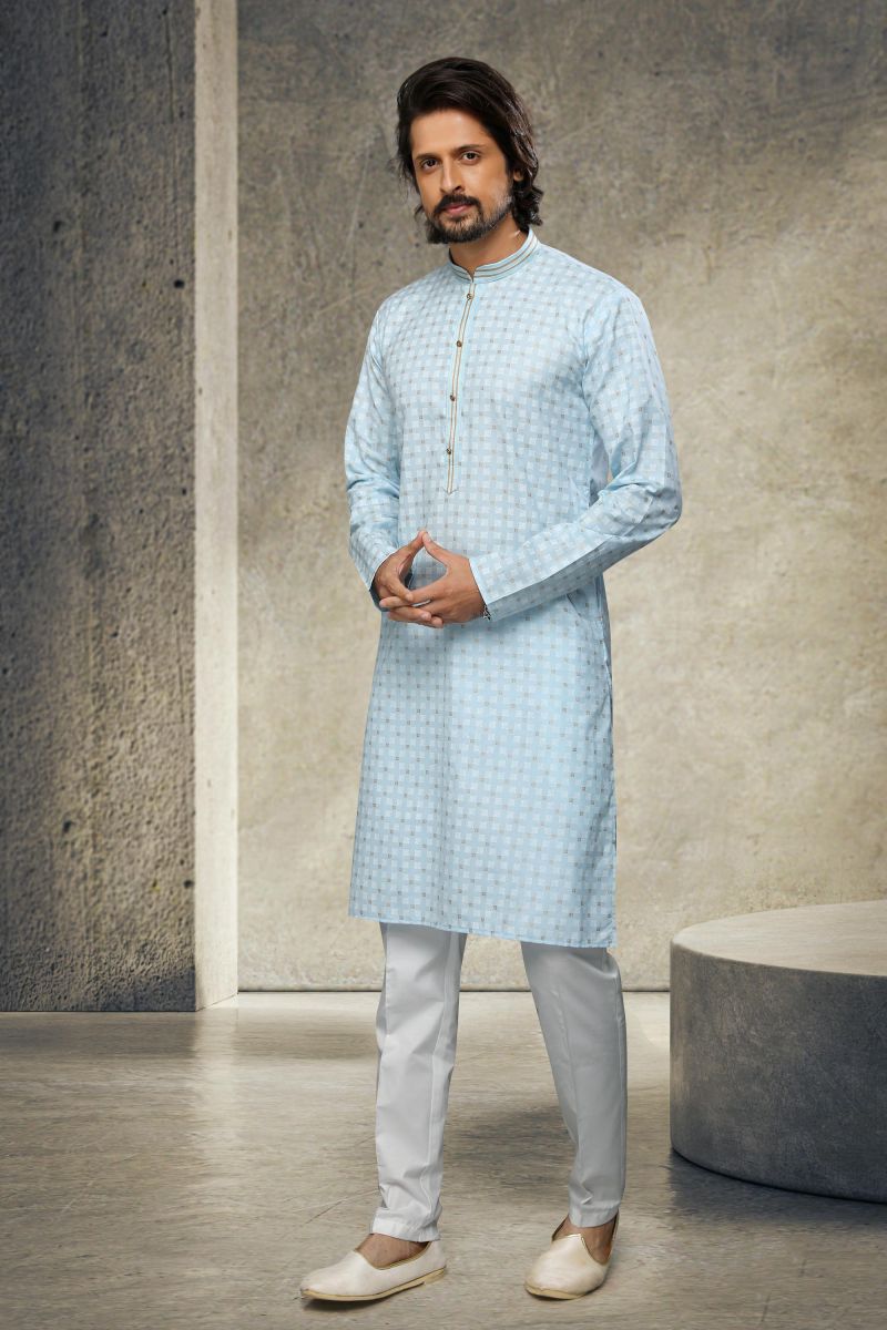 Cotton Light Cyan Wedding Wear Printed Readymade Designer Men Kurta Pyjama