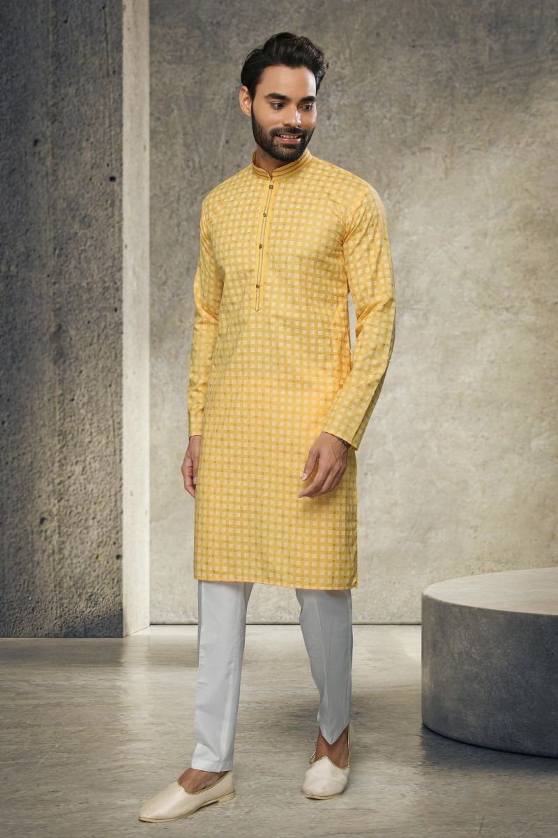 Yellow Printed Gorgeous Cotton Reception Wear Readymade Kurta Pyjama For Men