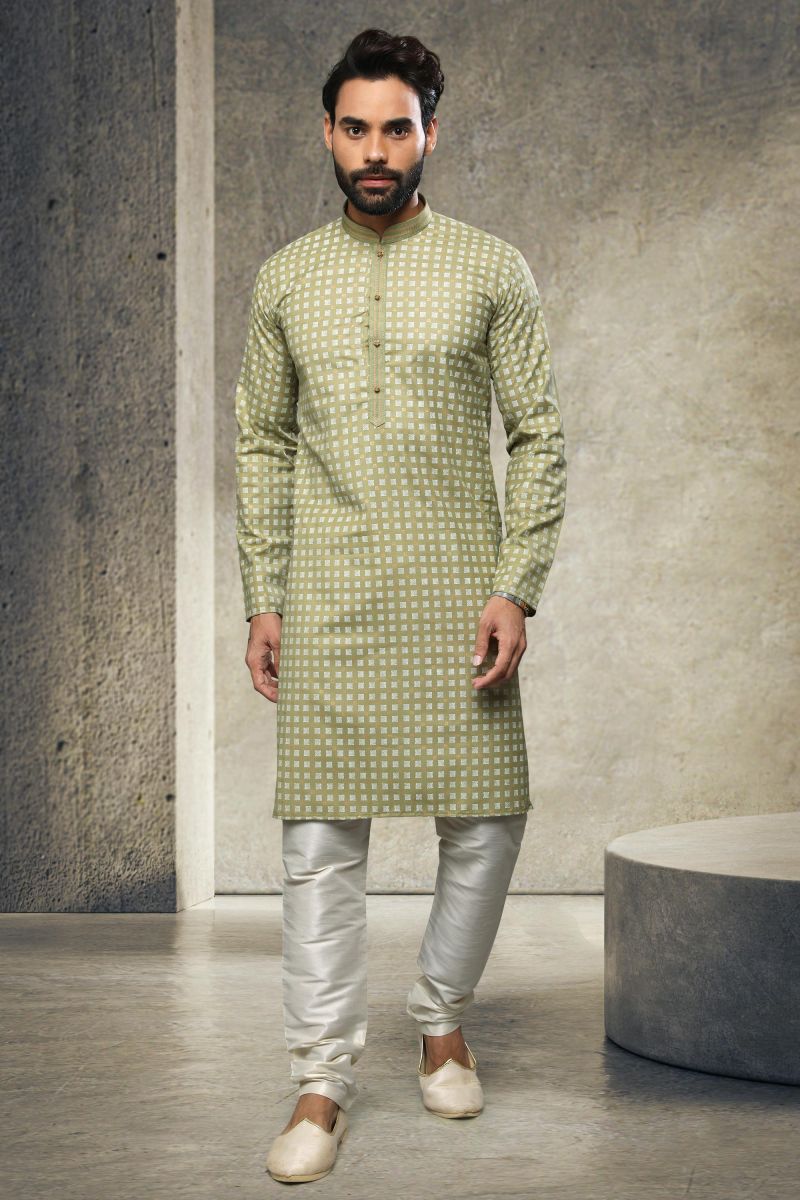 Cotton Printed Green Function Wear Fashionable Readymade Men Kurta Pyjama