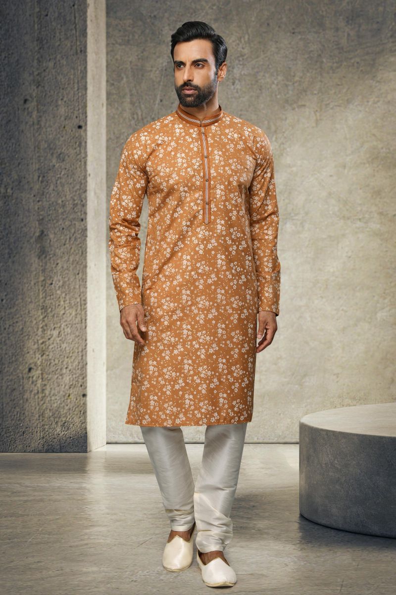 Chikoo Function Wear Readymade Glamorous Printed Kurta Pyjama For Men In Cotton 