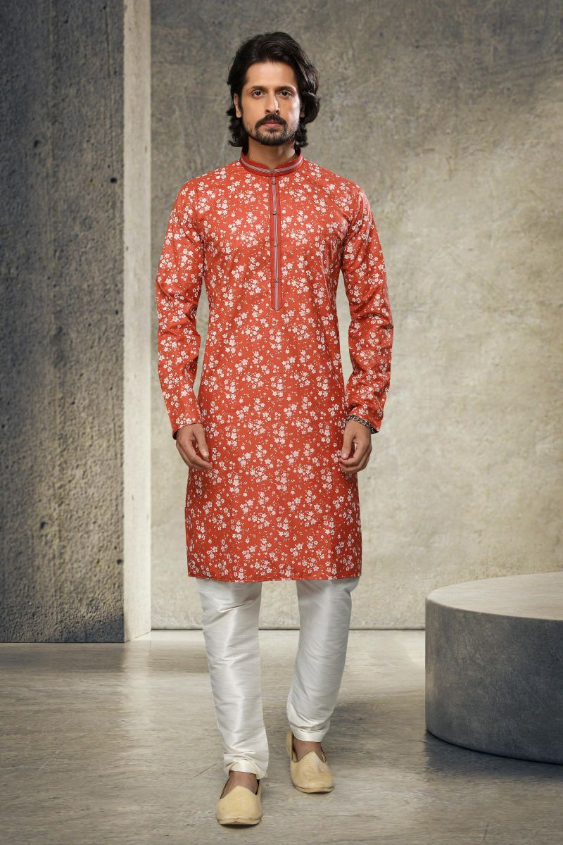 Cotton Printed Rust Magnificent Readymade Men Kurta Pyjama For Sangeet Wear