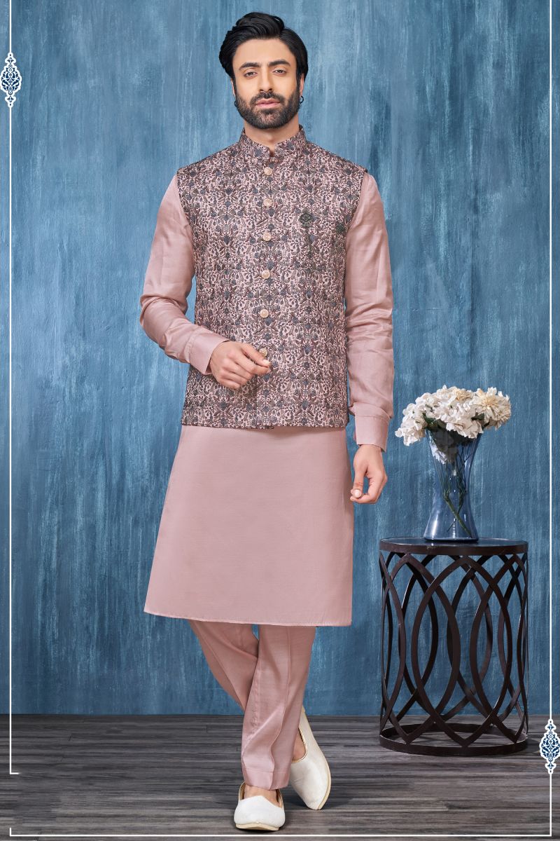 Banarasi Silk Fabric Pink Color Festive Wear Readymade Stunning Kurta Pyjama For Men With 3 Pcs Jacket Set