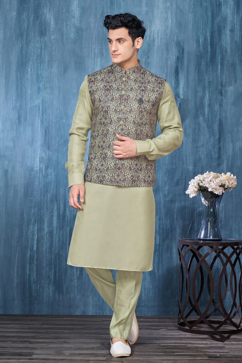 Sea Green Color Sangeet Wear Readymade Lovely Banarasi Silk Fabric Kurta Pyjama For Men With 3 Pcs Jacket Set