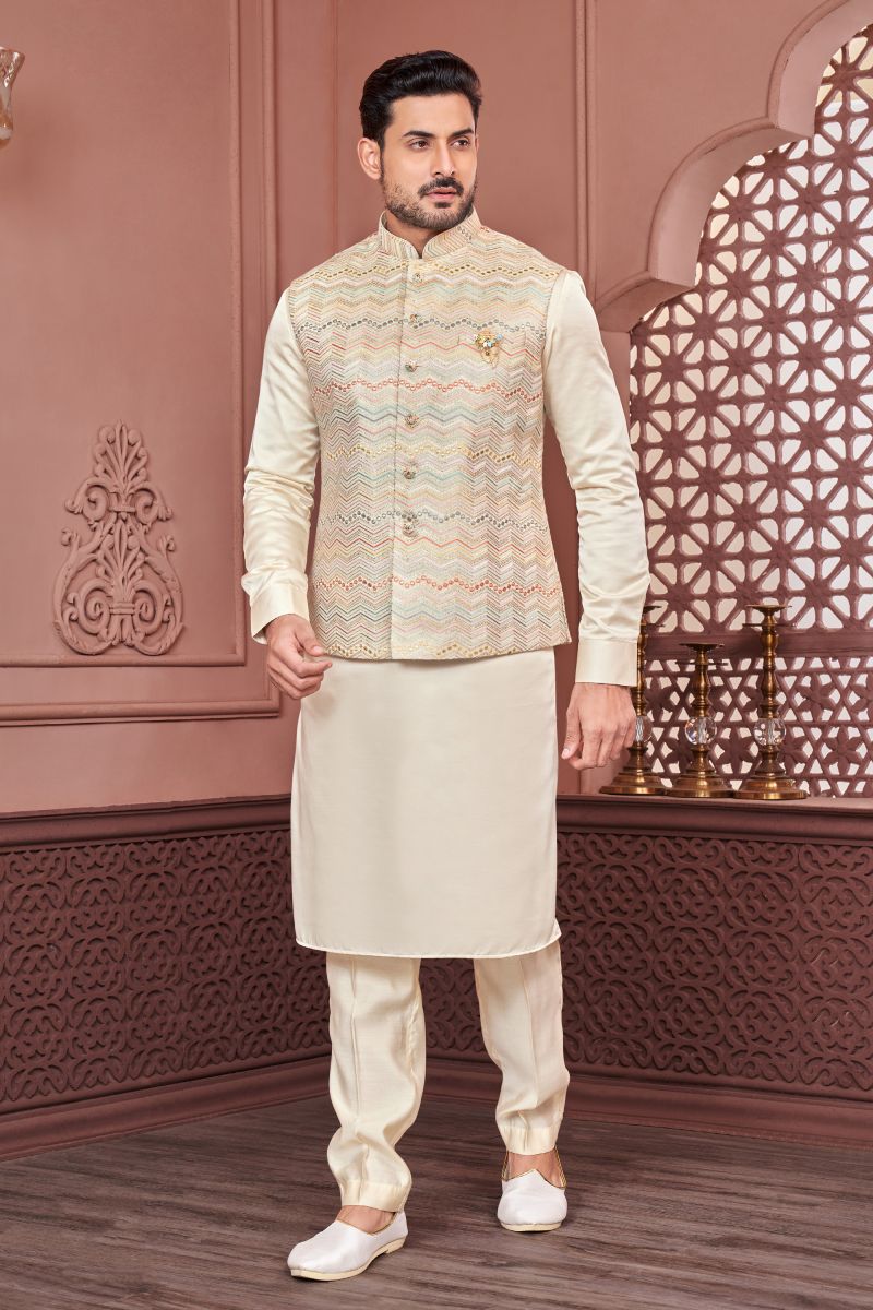 Banarasi Silk Fabric Wedding Wear Readymade Pretty Cream Color Kurta Pyjama For Men With 3 Pcs Jacket Set