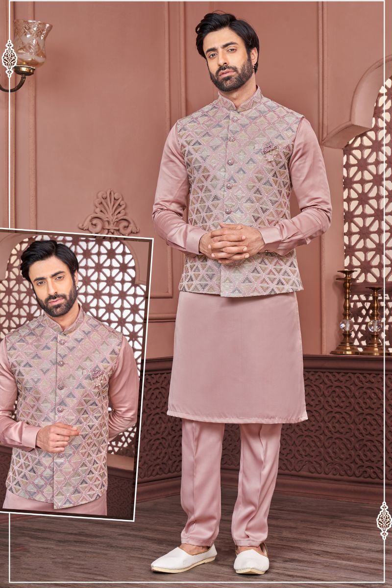 Moss Pink Color Banarasi Silk Fabric Men Kurta Jacket Set