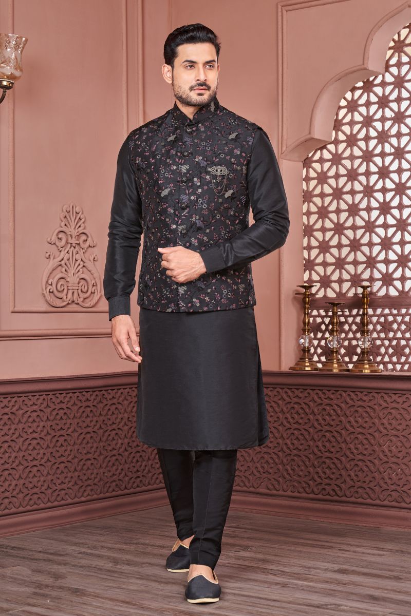 Black Color Banarasi Silk Fabric Designer Long Kurta Pyjama With Jacket