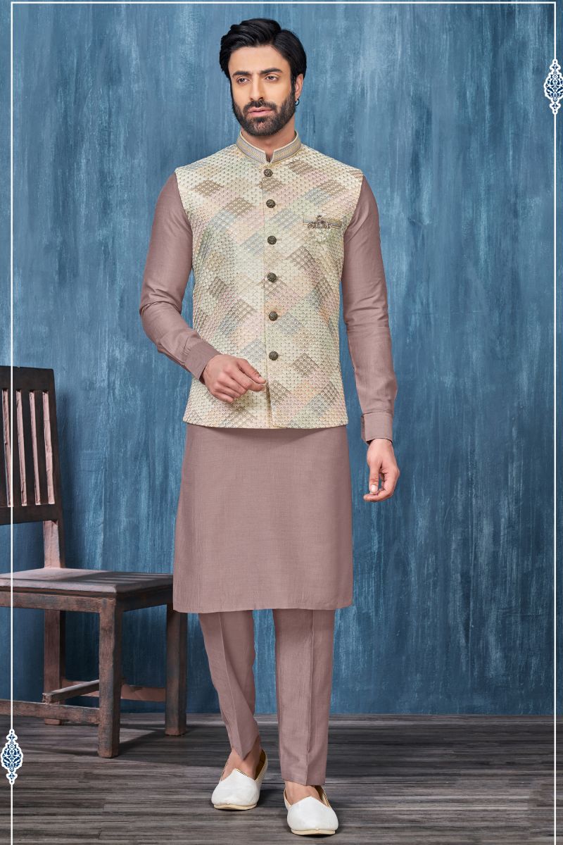 Embroidery Work Fancy Coffee Color Banarasi Silk Fabric Function Wear Readymade Kurta Pyjama For Men With Jacket