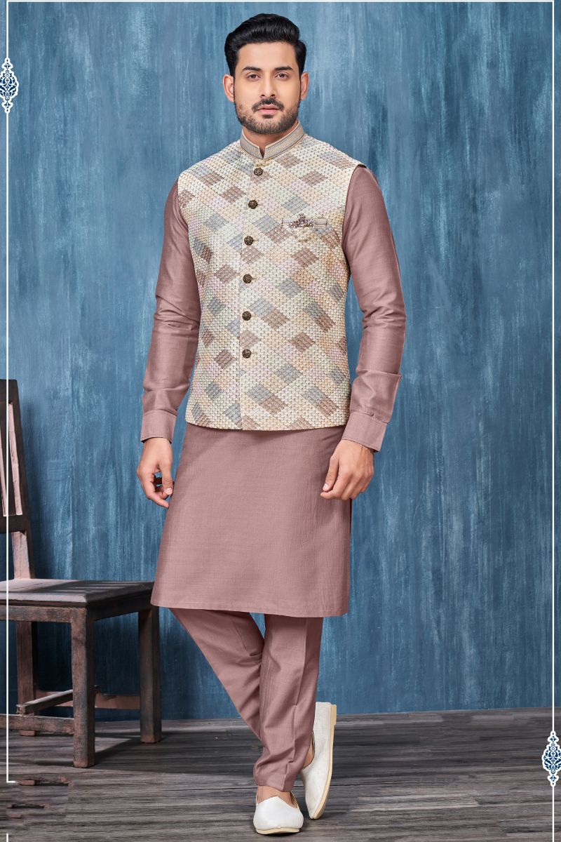 Banarasi Silk Fabric Embroidery Work Coffee Color Festive Wear Readymade Men Stylish Kurta Pyjama With Jacket