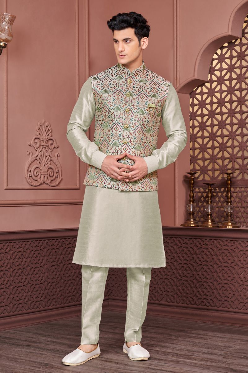 Sea Green Banarasi Silk Fabric Embroidery Work Sangeet Wear Trendy Readymade Kurta Pyjama For Men With Jacket