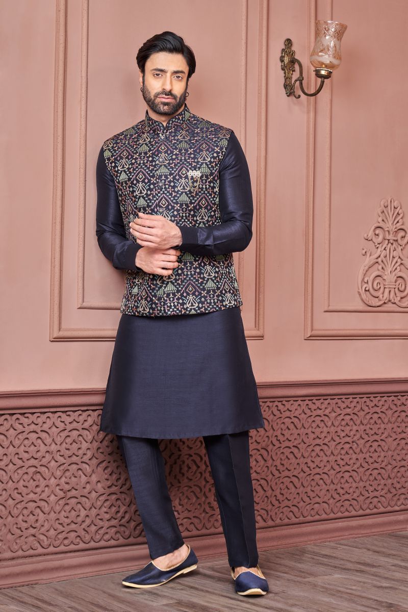 Banarasi Silk Navy Blue Color Wedding Wear Embroidery Work Readymade Designer Men Kurta Pyjama With Jacket