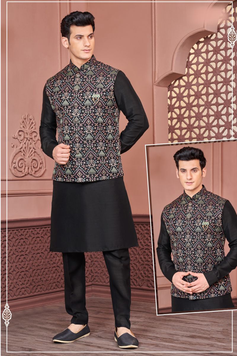 Embroidery Work Gorgeous Banarasi Silk Fabric Reception Wear Readymade Kurta Pyjama For Men With Jacket