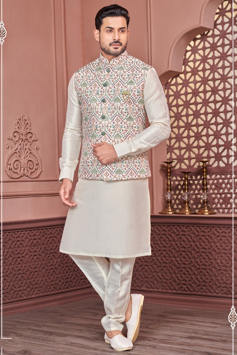 Embroidery Work Cream Color Function Wear Readymade Men Kurta Pyjama With Jacket