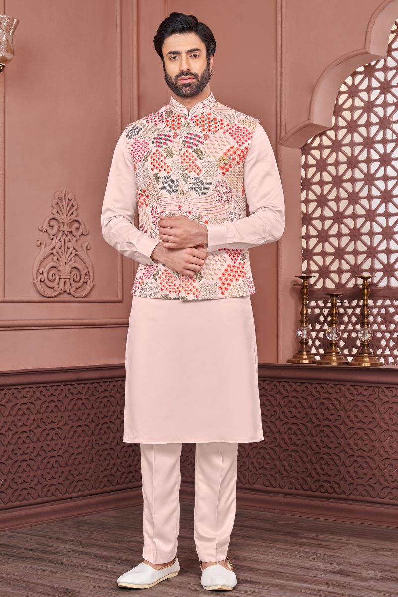 Festive Wear Readymade Lovely Embroidery Work Kurta Pyjama For Men With Jacket