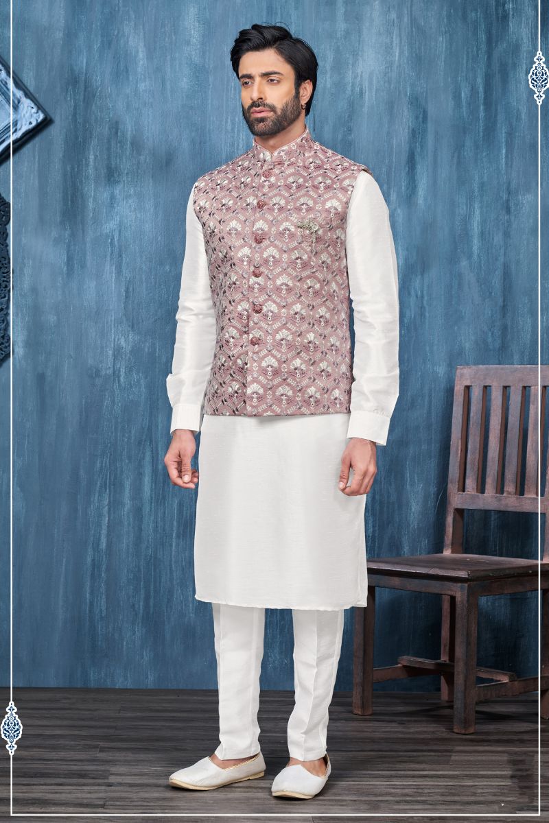 Embroidery Work White Color Wedding Wear Readymade Kurta Pyjama For Men With Jacket