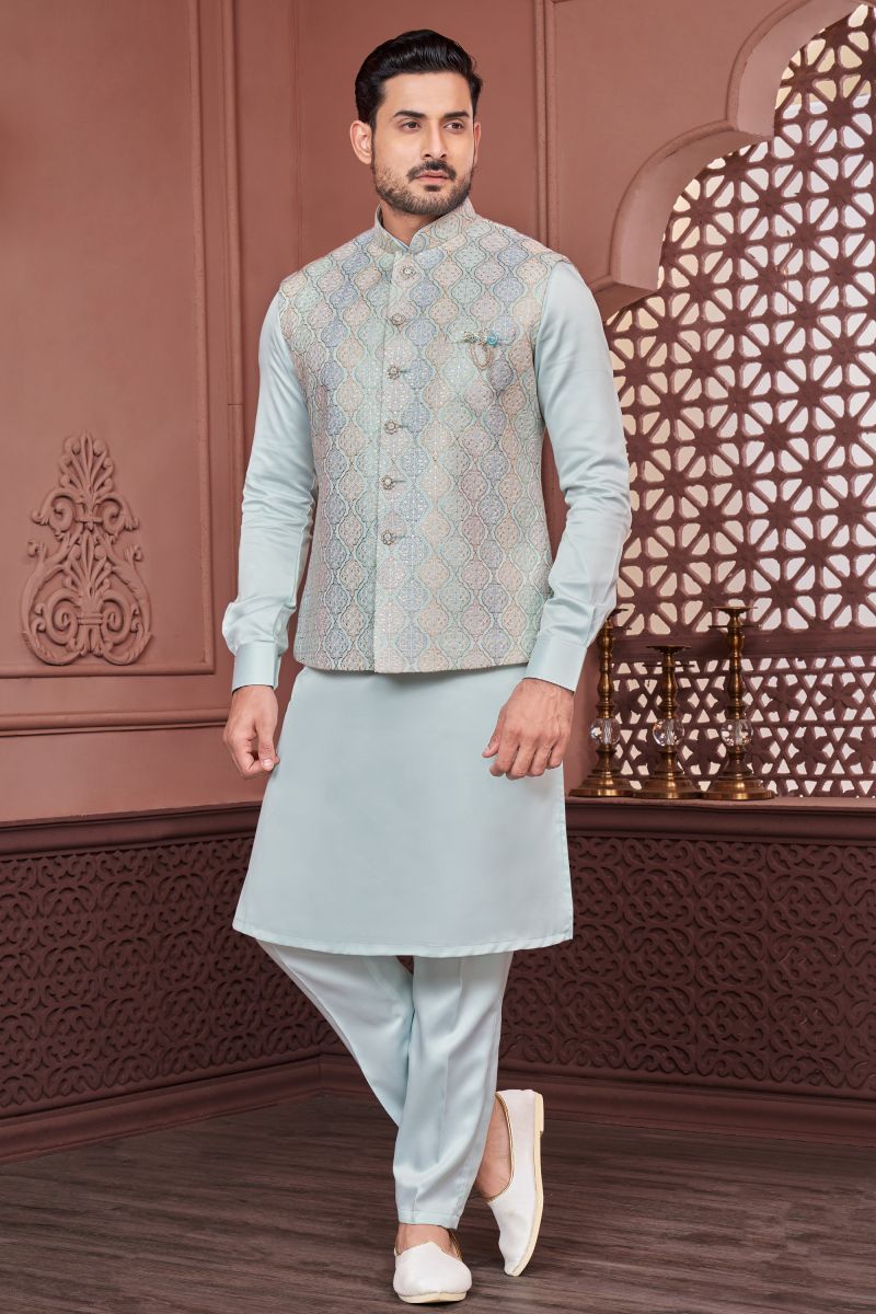 Function Wear Readymade Glamorous Embroidery Work Kurta Pyjama For Men With Jacket