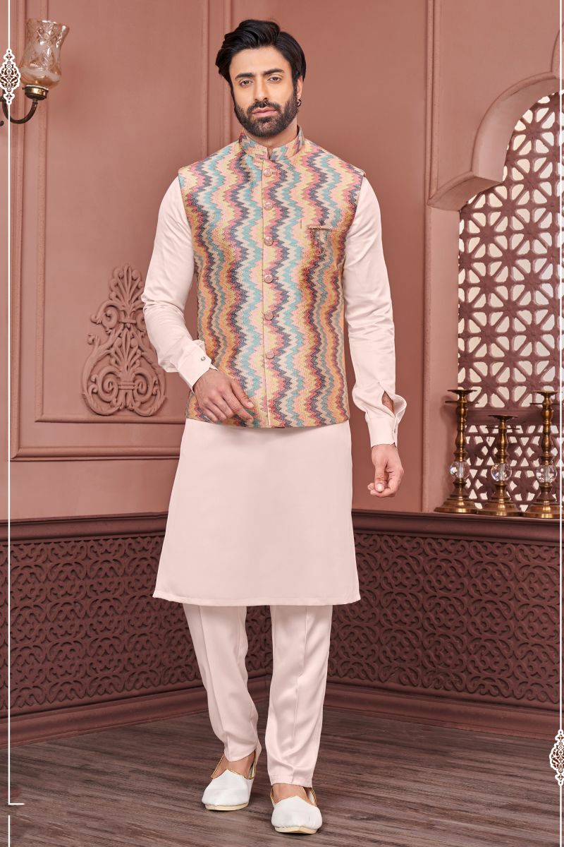 Peach Color Banarasi Silk Fabric Readymade Embroidery Work Men Kurta Pyjama With Jacket