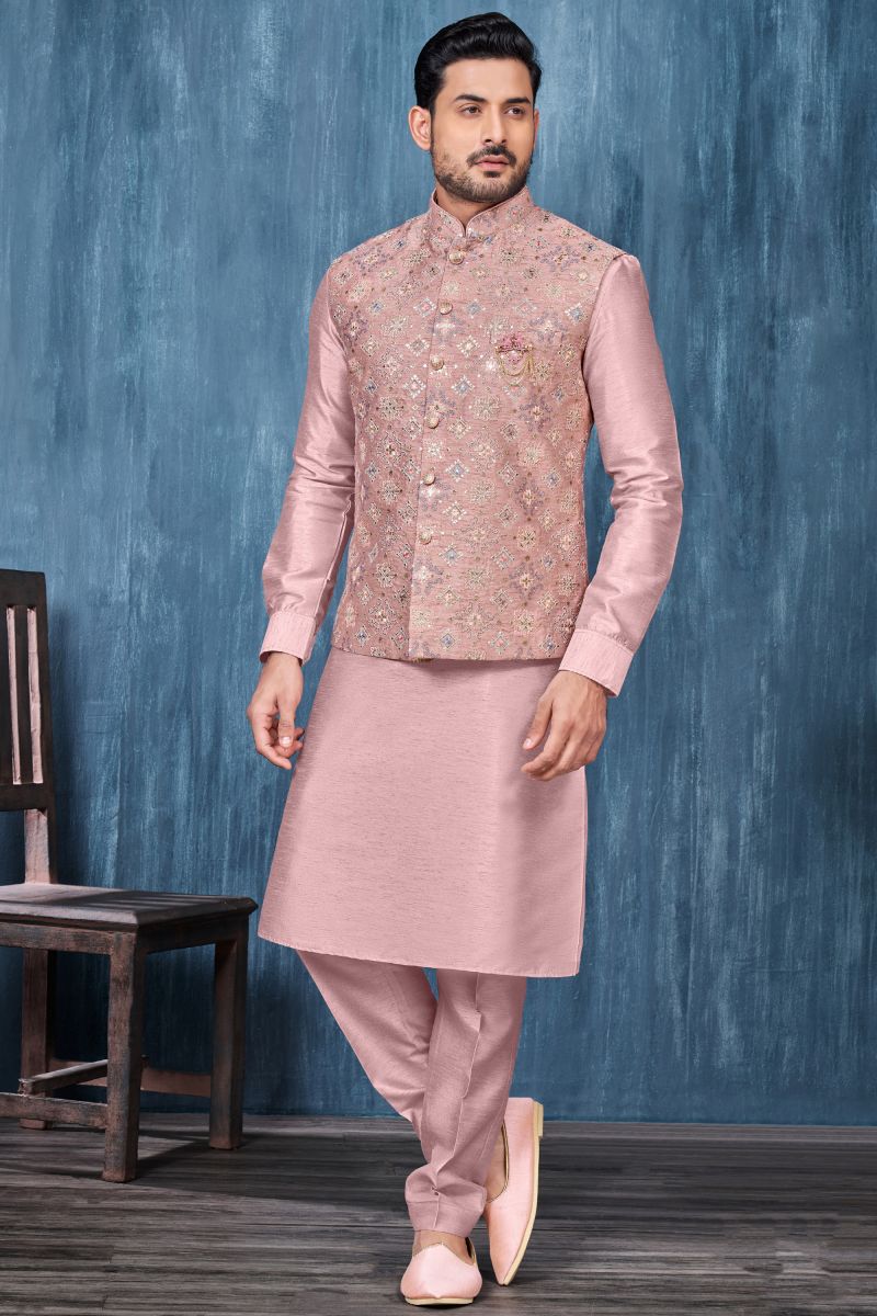 Embroidery Work Pink Color Reception Wear Readymade Banarasi Silk Fabric Kurta Pyjama For Men With Jacket