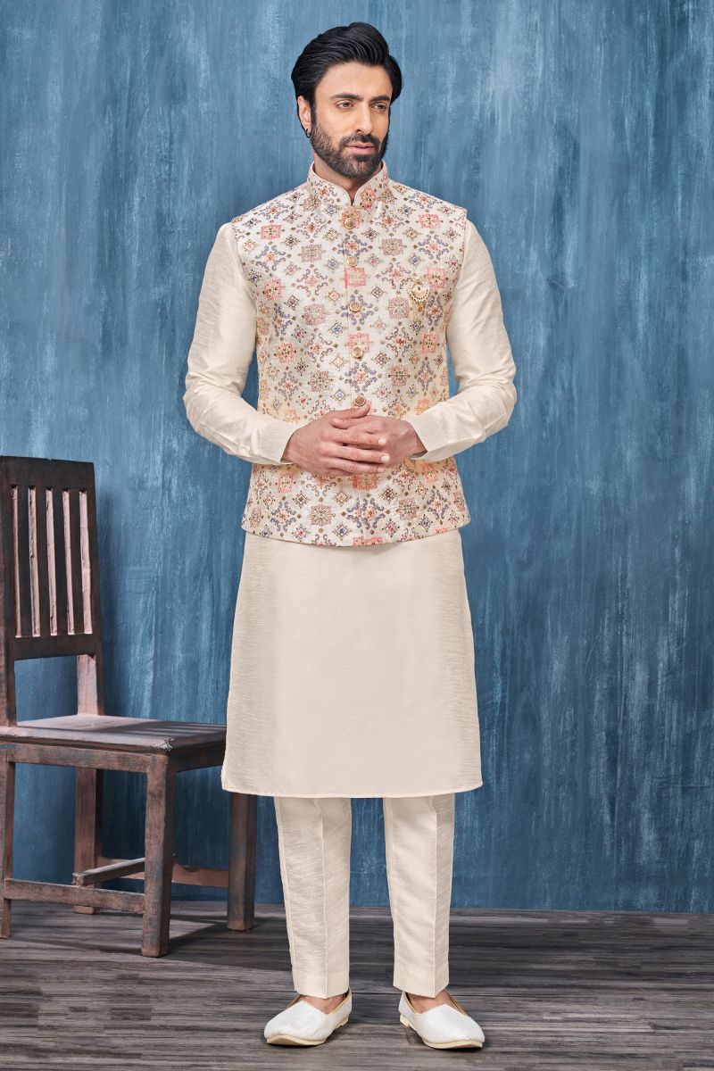 Banarasi Silk Fabric Embroidery Work Function Wear Readymade Cream Color Kurta Pyjama For Men With Jacket