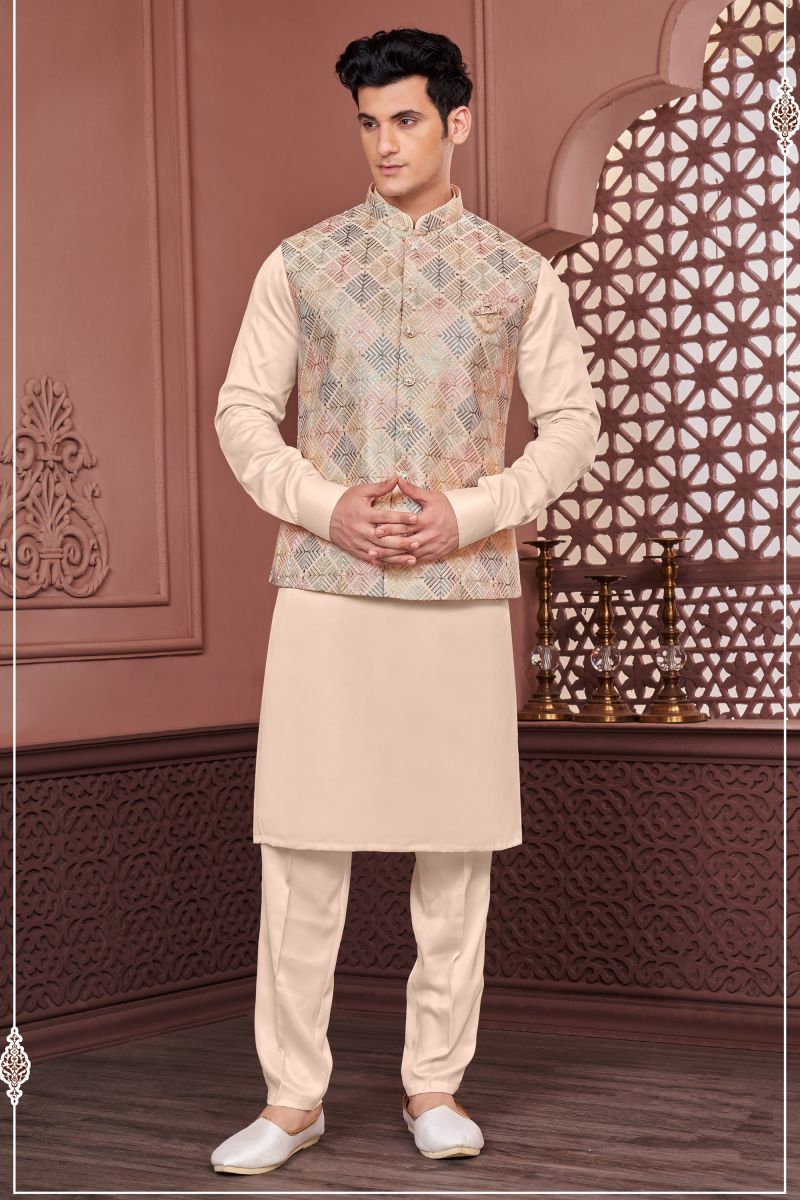 Peach Banarasi Silk Fabric Festive Wear Embroidery Work Readymade Kurta Pyjama For Men With Jacket