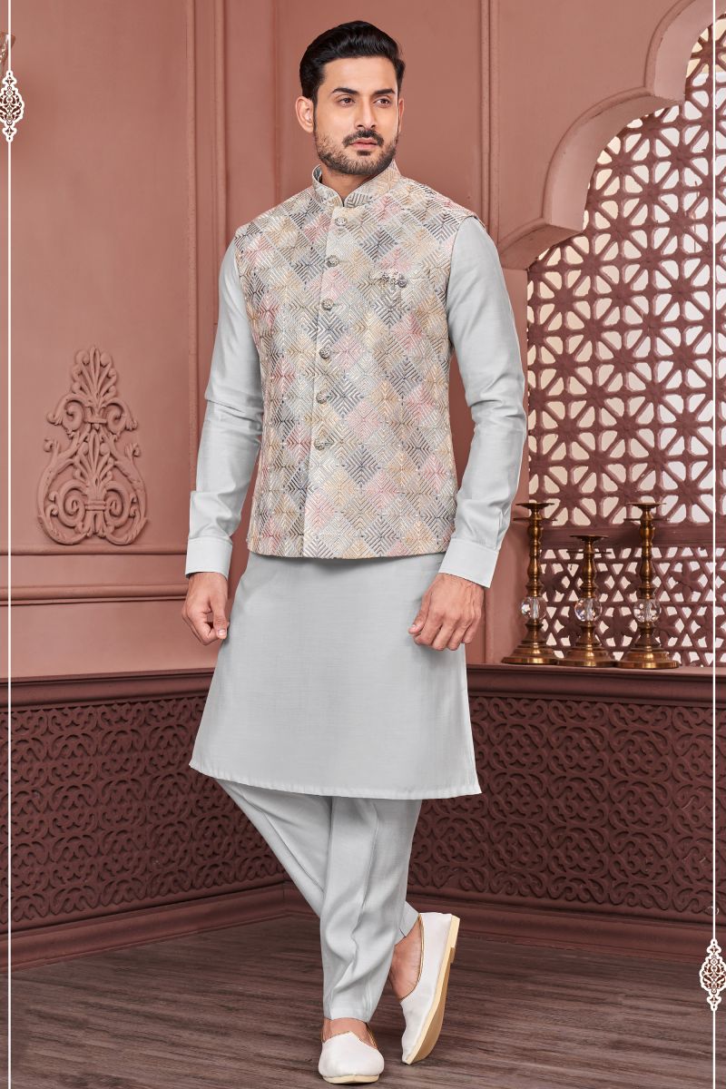 Embroidery Work Banarasi Silk Grey Color Sangeet Wear Readymade Kurta Pyjama For Men With Jacket