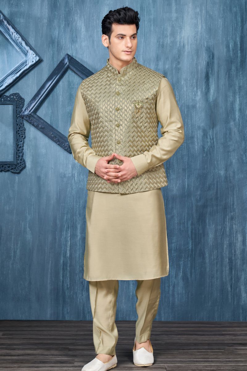 Sea Green Color Embroidery Work Banarasi Silk Fabric Function Wear Fancy Readymade Kurta Pyjama For Men With Jacket