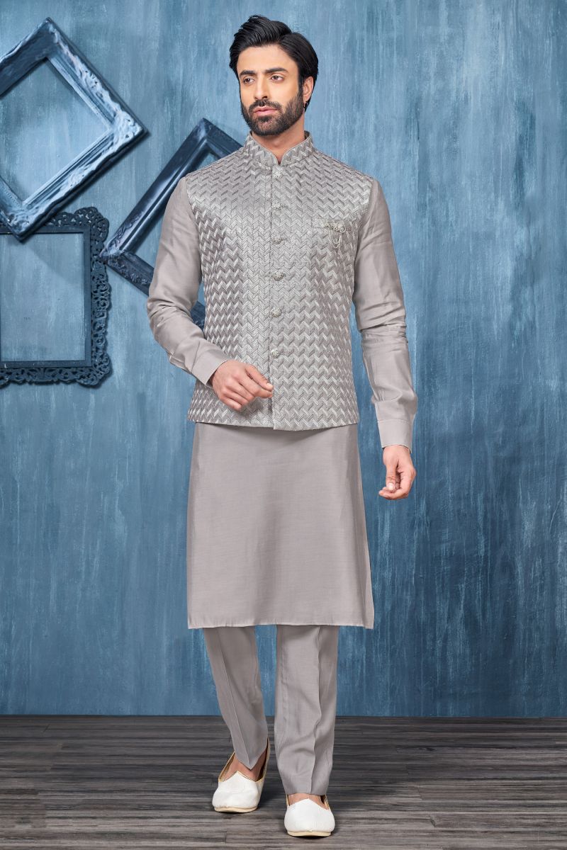 Banarasi Silk Fabric Grey Color Embroidery Work Festive Wear Trendy Readymade Men Kurta Pyjama With Jacket