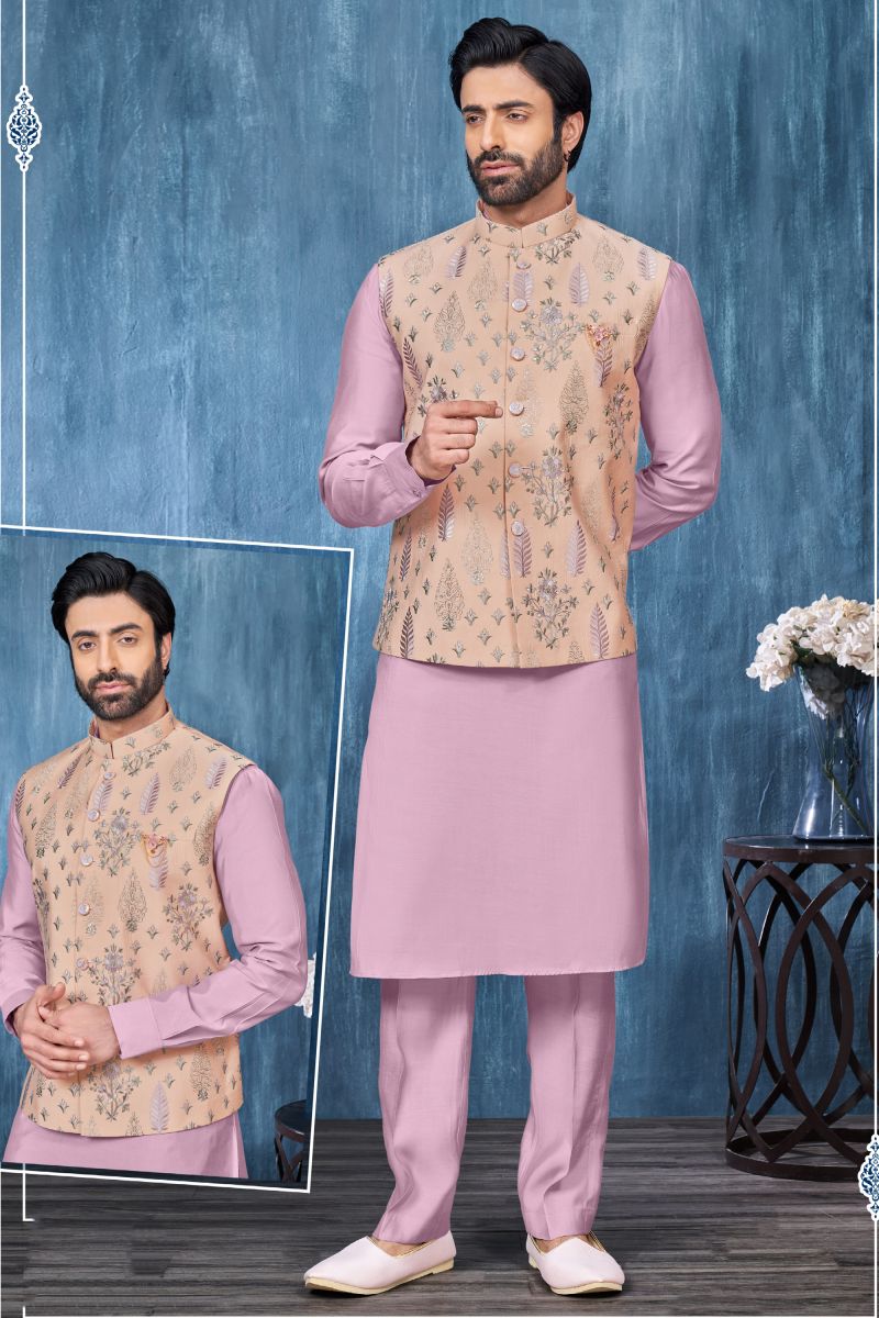 Embroidery Work Appealing Lavender Color Banarasi Silk Fabric Function Wear Readymade Kurta Pyjama For Men With Jacket