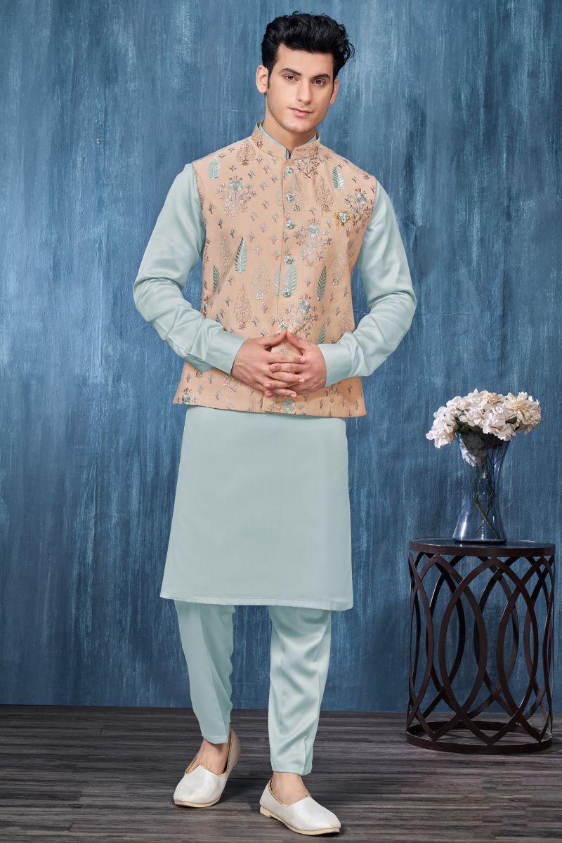 Cyan Color Embroidery Work Engaging Banarasi Silk Fabric Festive Wear Readymade Kurta Pyjama For Men With Jacket