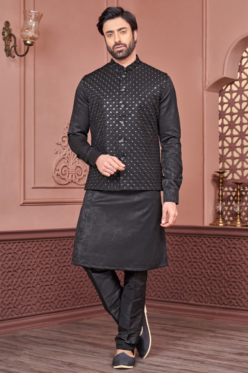 Black Color Banarasi Silk Fabric Embroidery Work Festive Wear Captivating Readymade Kurta Pyjama For Men With Jacket