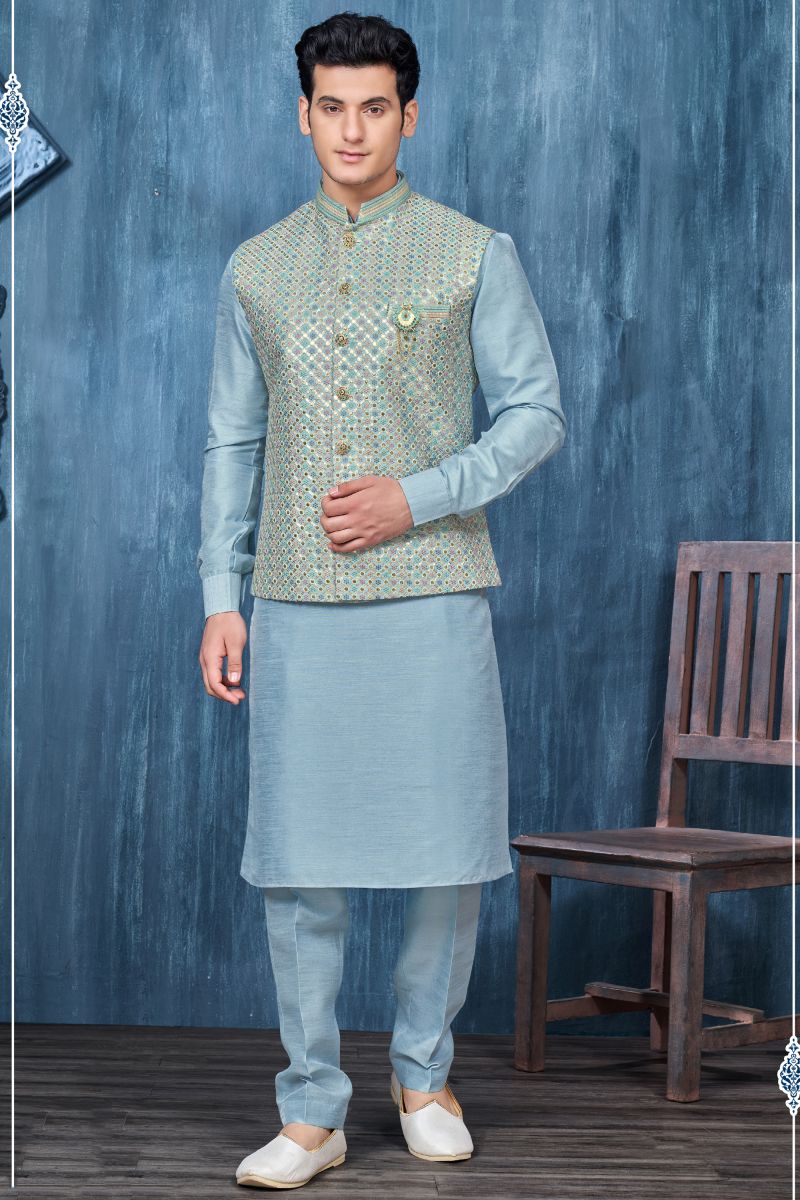 Embroidery Work Cyan Color Gorgeous Banarasi Silk Wedding Wear Readymade Kurta Pyjama For Men With Jacket