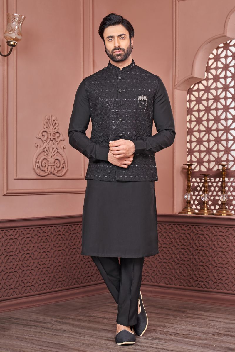 Black Color Embroidery Work Banarasi Silk Fabric Reception Wear Striking Readymade Kurta Pyjama For Men With Jacket