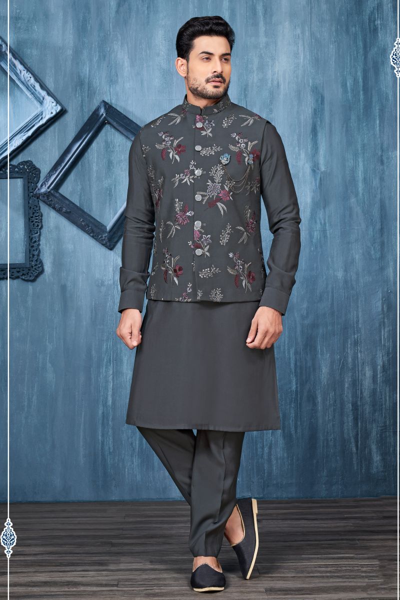 Grey Color Festive Wear Embroidery Work Readymade Kurta Pyjama For Men With Jacket